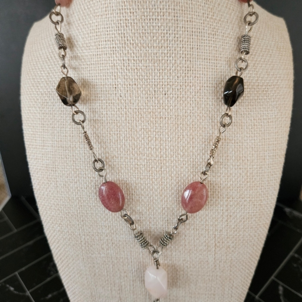 Sterling Silver Rose And Smoky Quartz Pendant Necklace.